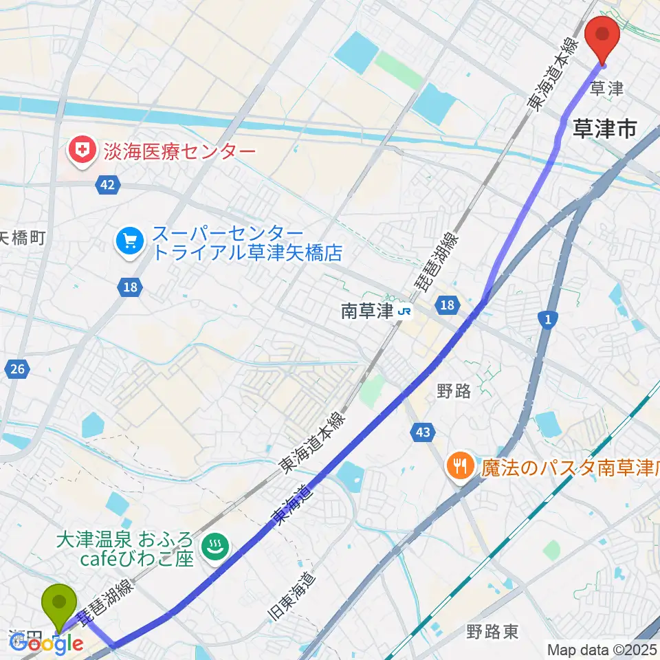 瀬田駅からえふえむ草津へのルートマップ地図