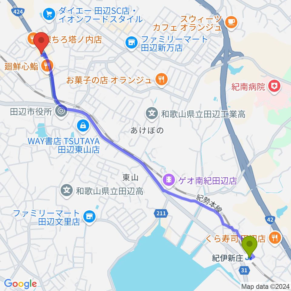 紀伊新庄駅からFM TANABEへのルートマップ地図