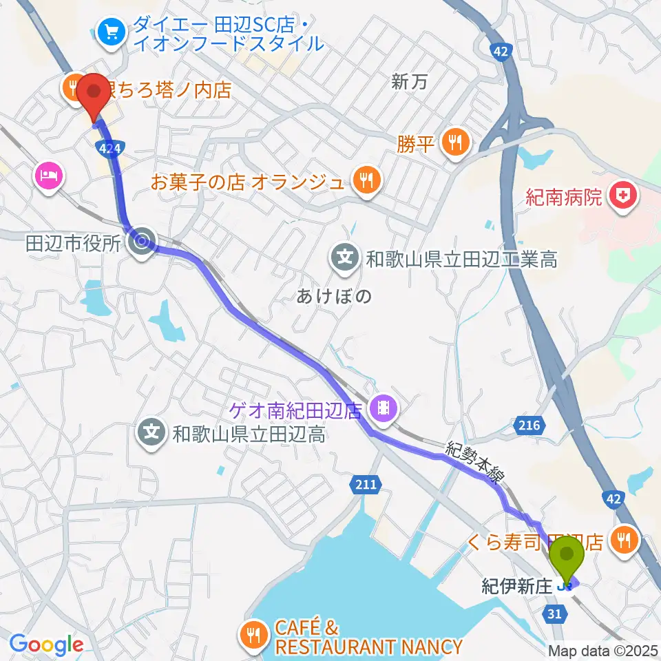 紀伊新庄駅からFM TANABEへのルートマップ地図