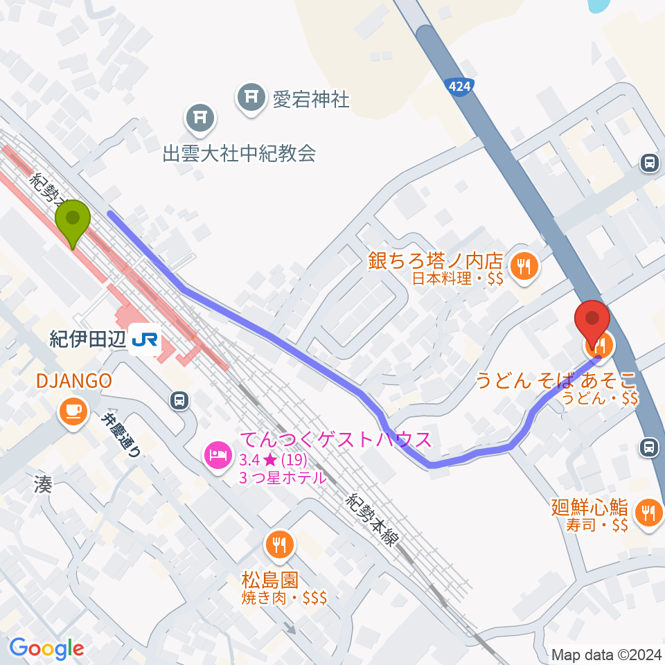 FM TANABEの最寄駅紀伊田辺駅からの徒歩ルート（約6分）地図