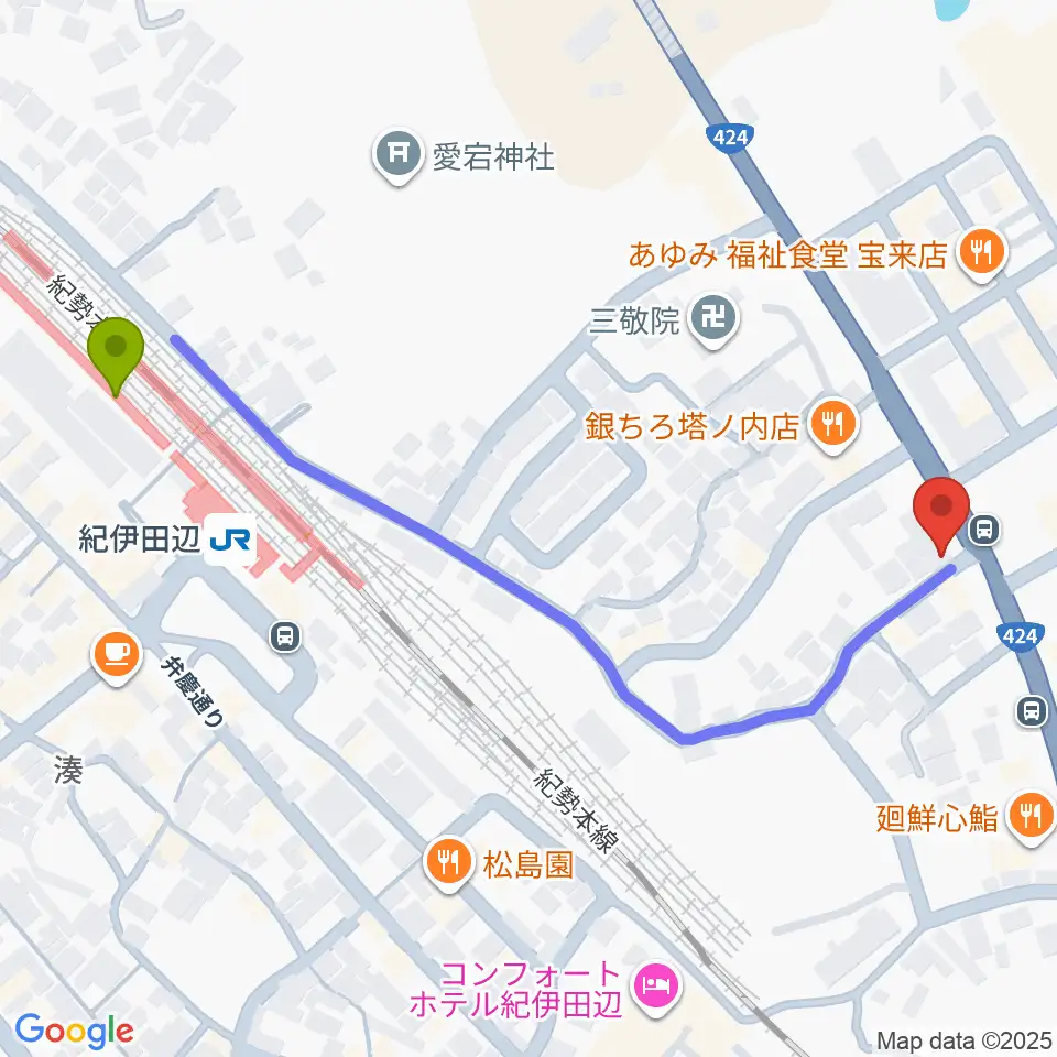 FM TANABEの最寄駅紀伊田辺駅からの徒歩ルート（約6分）地図