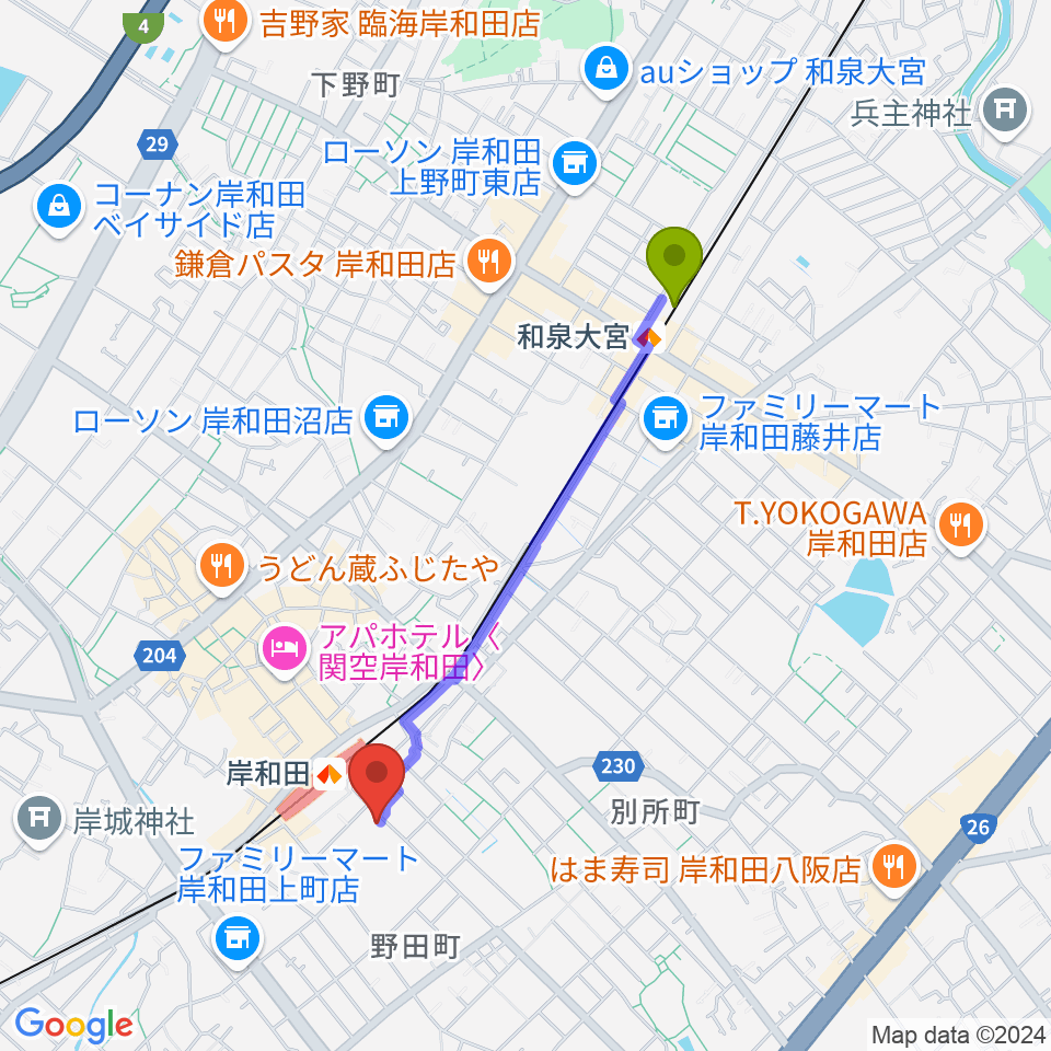 和泉大宮駅からラヂオきしわだへのルートマップ地図