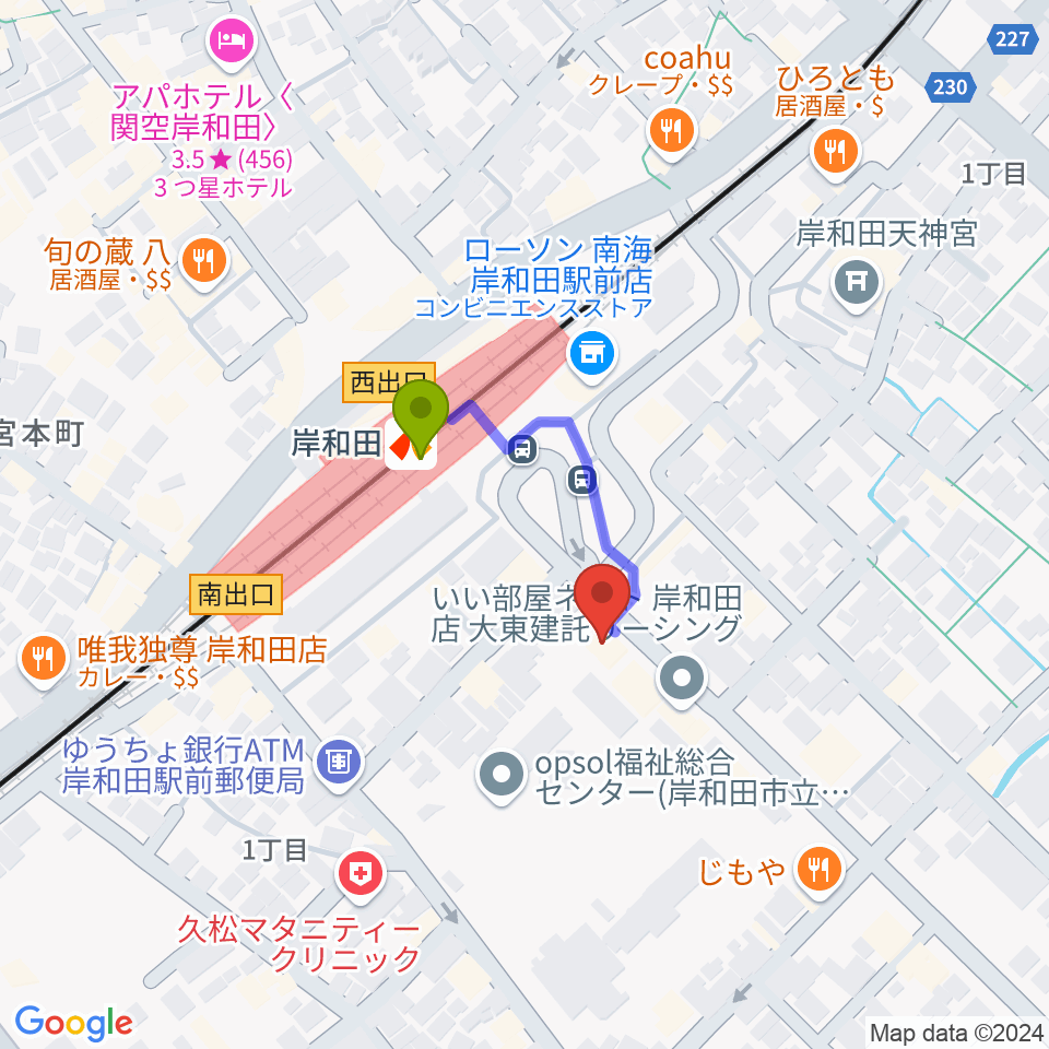 ラヂオきしわだの最寄駅岸和田駅からの徒歩ルート（約2分）地図