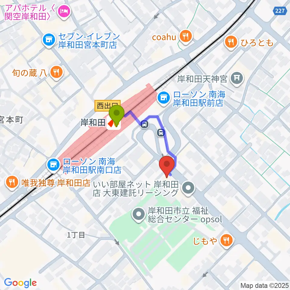 ラヂオきしわだの最寄駅岸和田駅からの徒歩ルート（約2分）地図