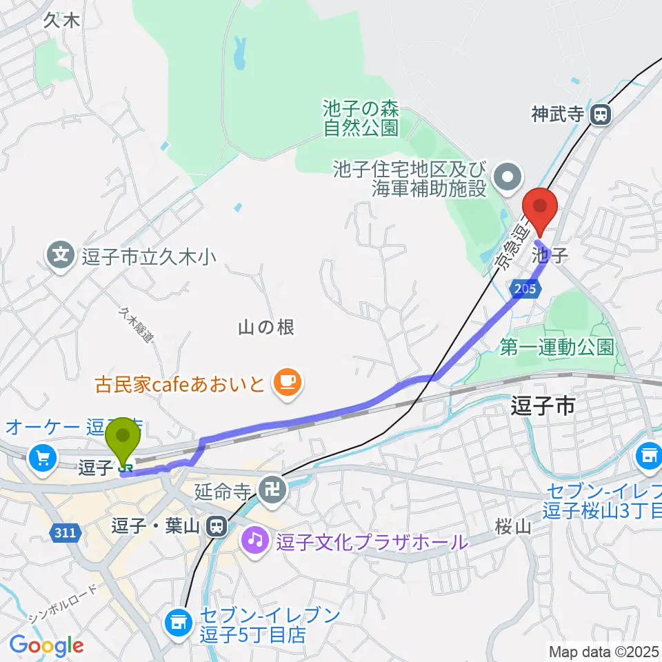 逗子駅から湘南ビーチFMへのルートマップ地図