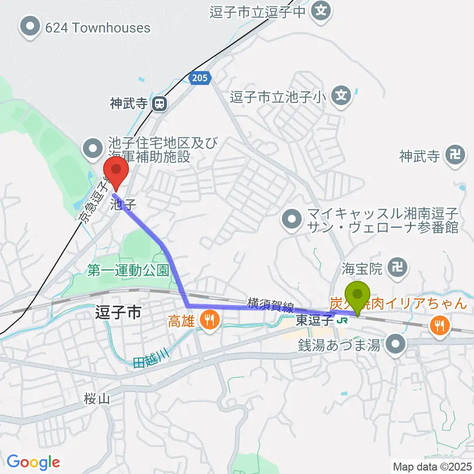 東逗子駅から湘南ビーチFMへのルートマップ地図