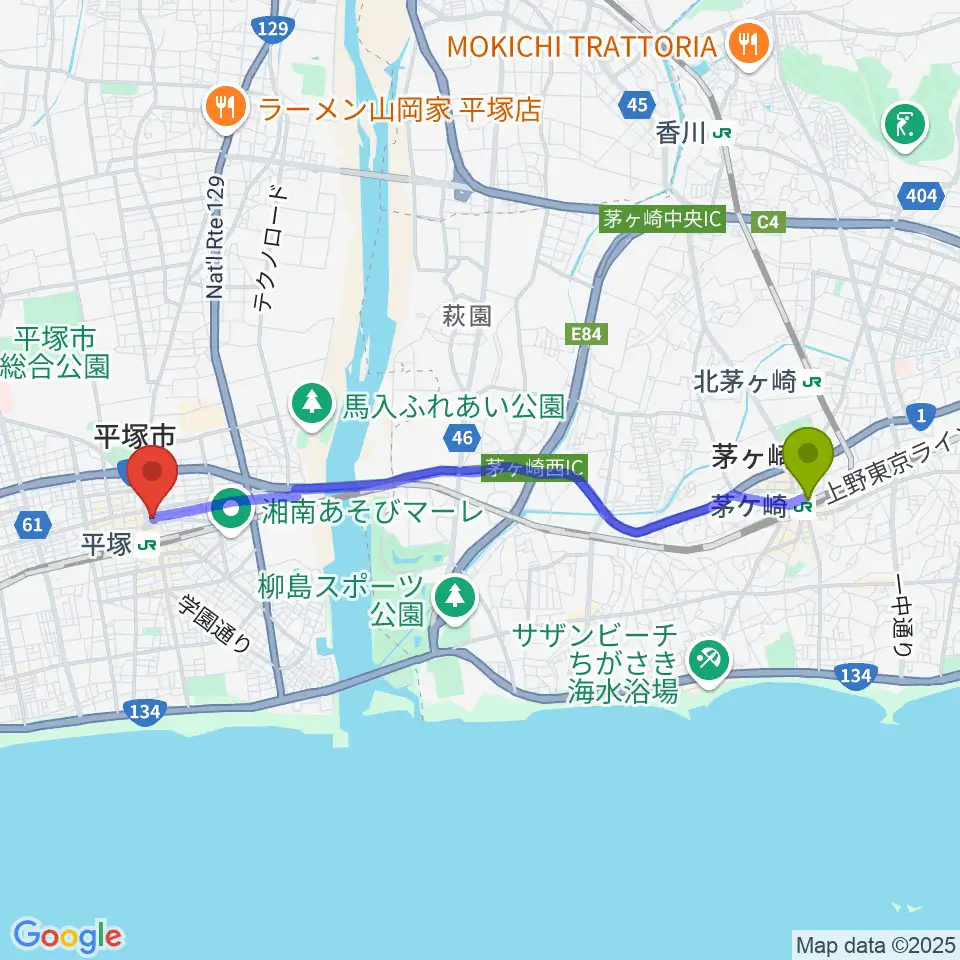 茅ケ崎駅からFM湘南ナパサへのルートマップ地図