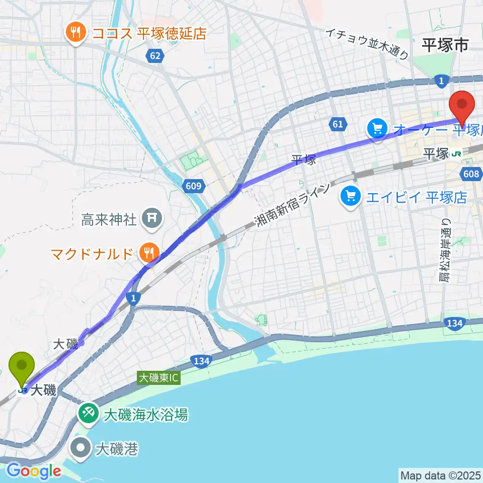 大磯駅からFM湘南ナパサへのルートマップ地図