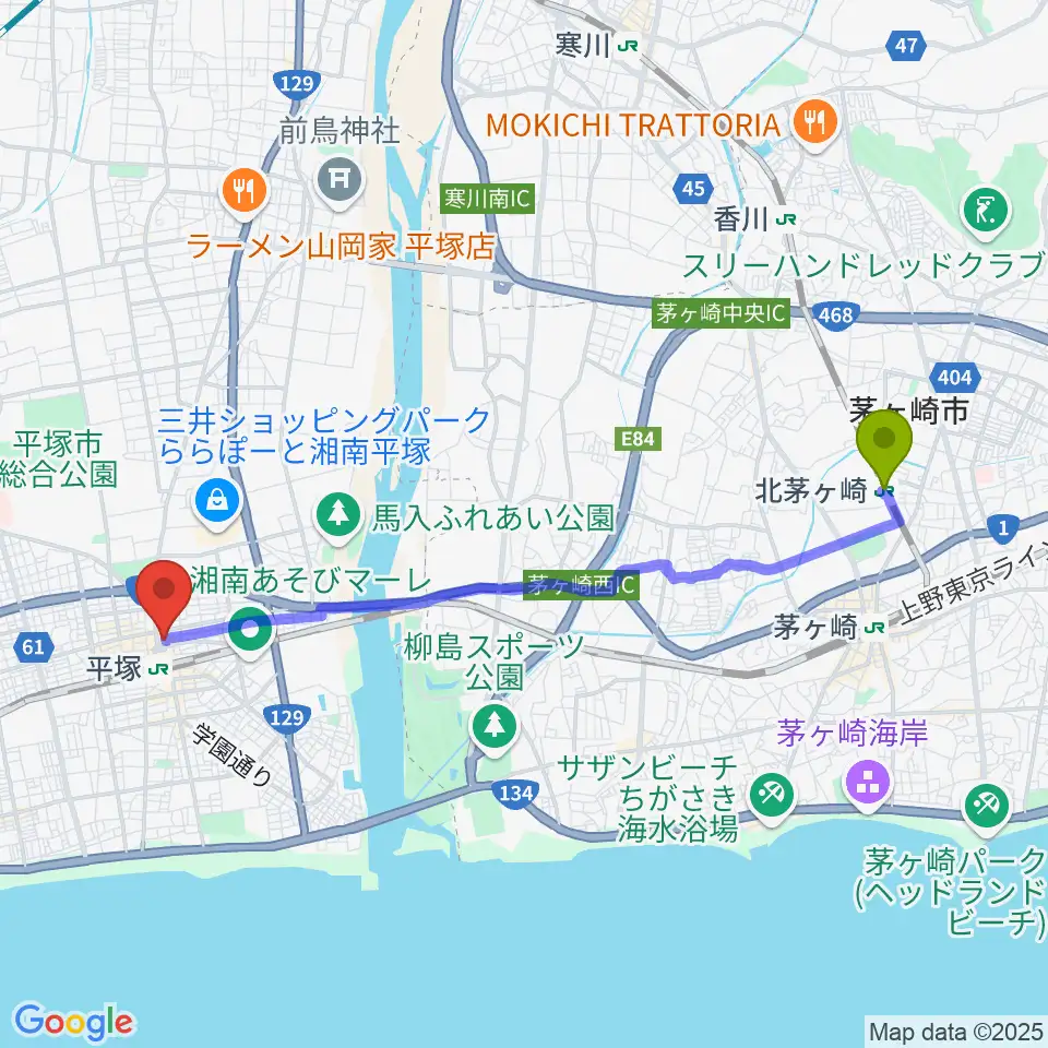 北茅ケ崎駅からFM湘南ナパサへのルートマップ地図