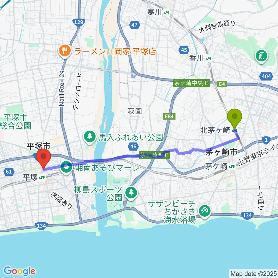 北茅ケ崎駅からFM湘南ナパサへのルートマップ地図