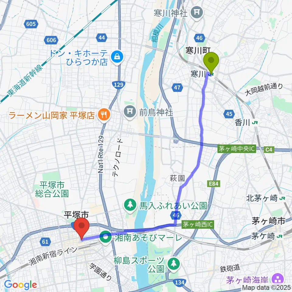 寒川駅からFM湘南ナパサへのルートマップ地図