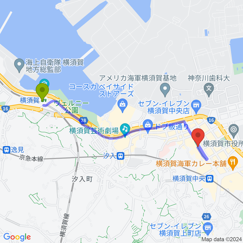 横須賀駅からFMブルー湘南へのルートマップ地図