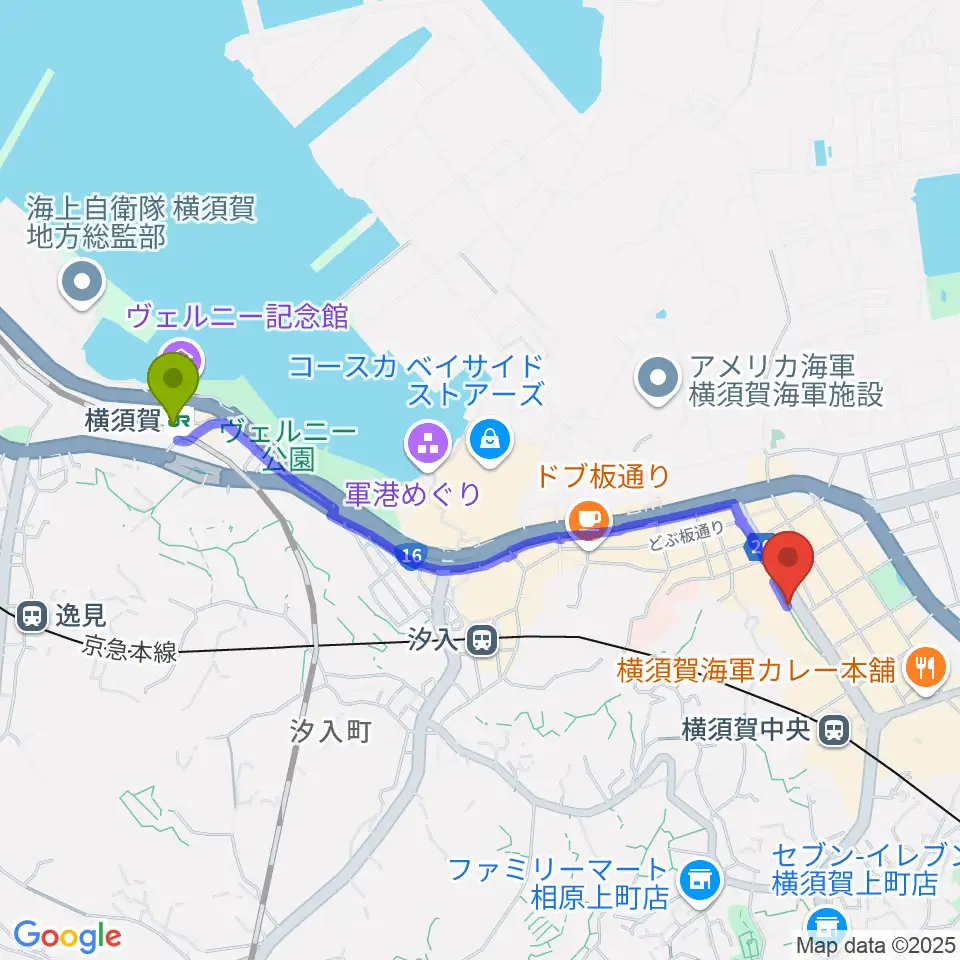 横須賀駅からFMブルー湘南へのルートマップ地図