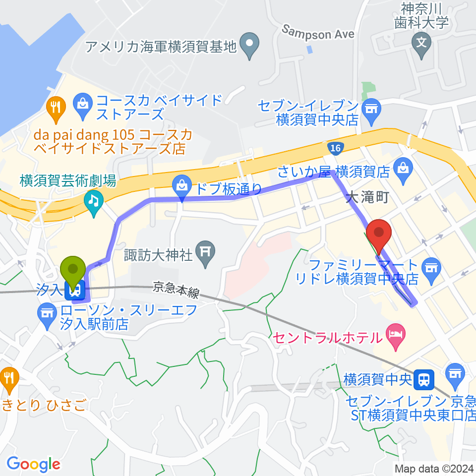 汐入駅からFMブルー湘南へのルートマップ地図