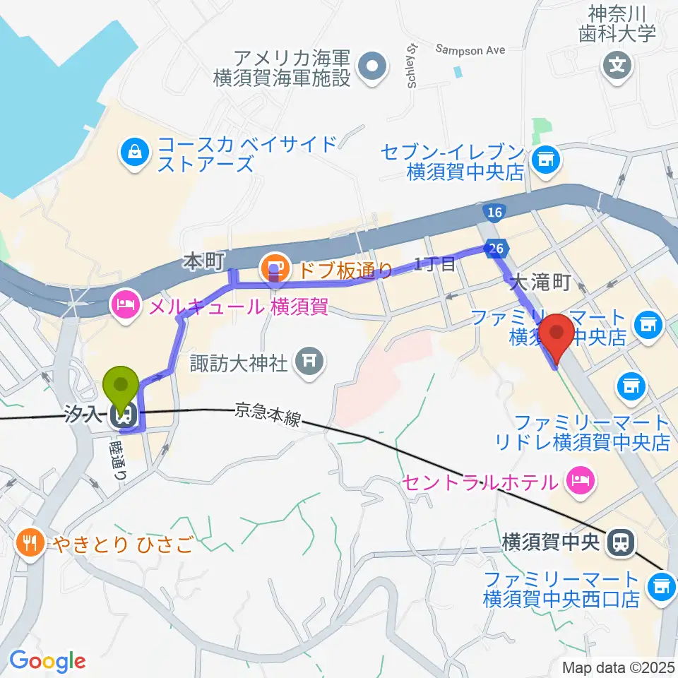 汐入駅からFMブルー湘南へのルートマップ地図