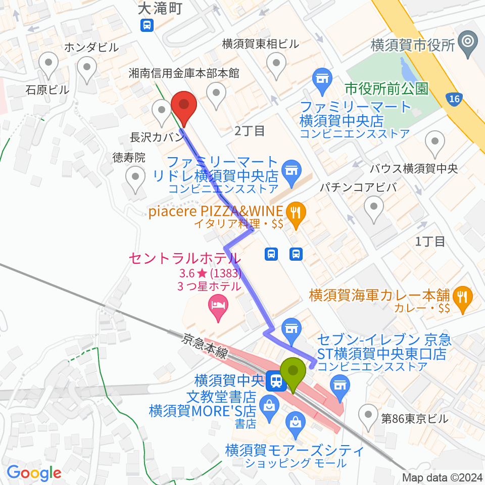 FMブルー湘南の最寄駅横須賀中央駅からの徒歩ルート（約5分）地図