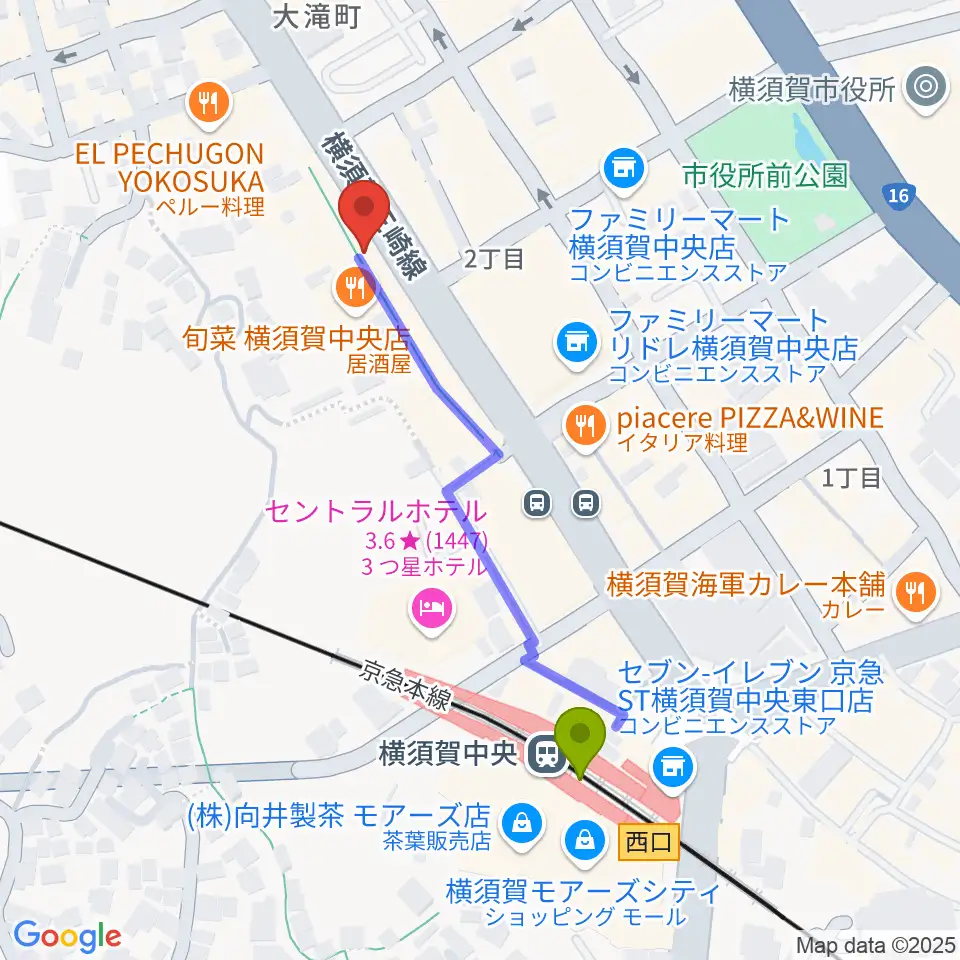 FMブルー湘南の最寄駅横須賀中央駅からの徒歩ルート（約5分）地図