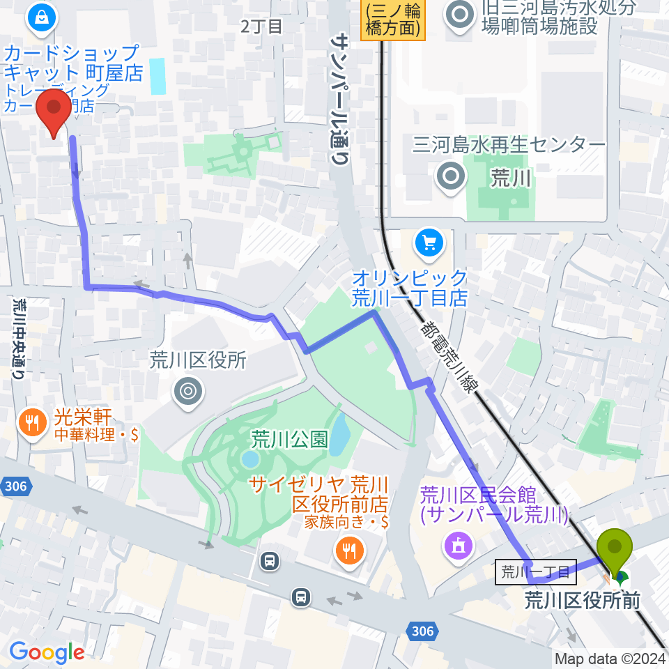 荒川区役所前駅から大塚ひとみピアノ教室へのルートマップ地図