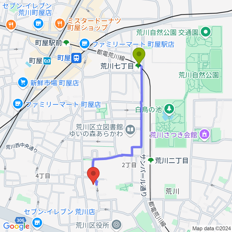 荒川七丁目駅から大塚ひとみピアノ教室へのルートマップ地図