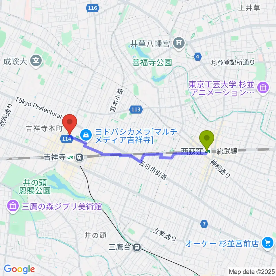 西荻窪駅からむさしのFMへのルートマップ地図