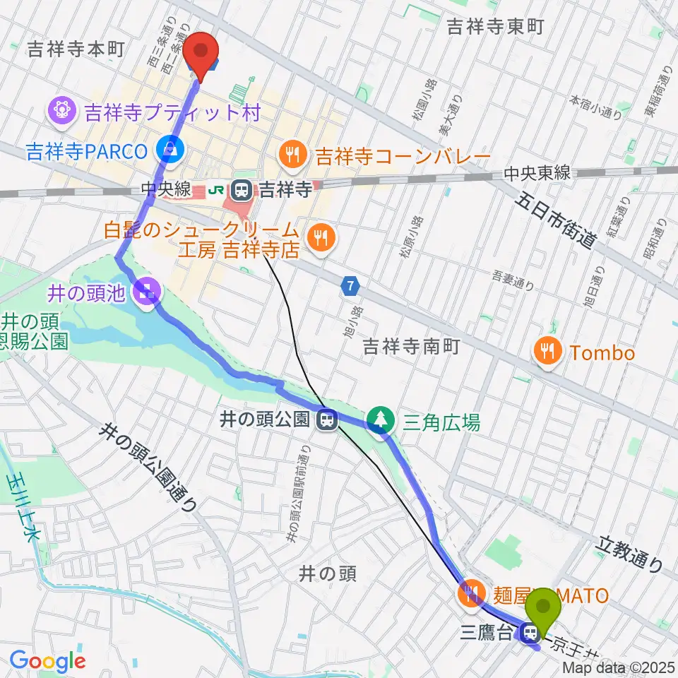 三鷹台駅からむさしのFMへのルートマップ地図