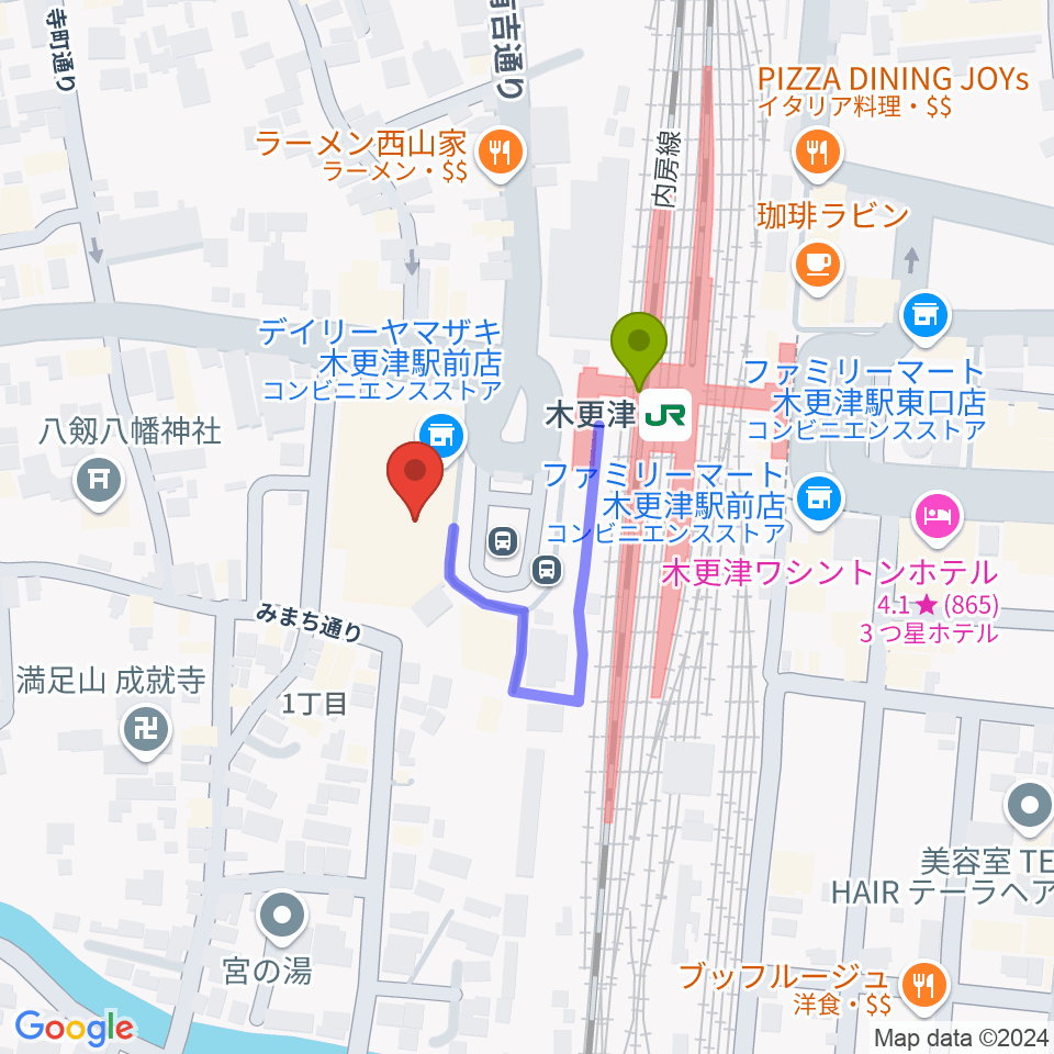 かずさエフエムの最寄駅木更津駅からの徒歩ルート（約2分）地図