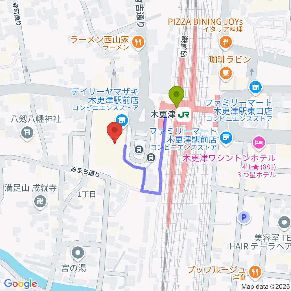 かずさエフエムの最寄駅木更津駅からの徒歩ルート（約2分）地図