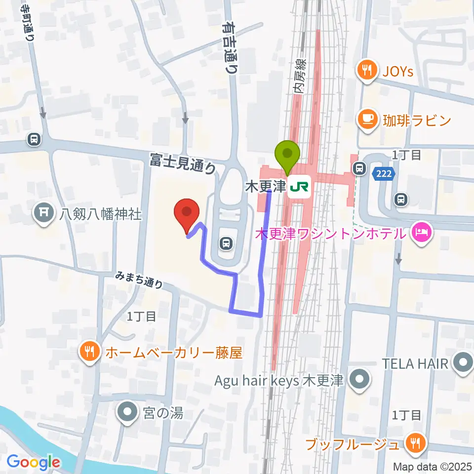 かずさエフエムの最寄駅木更津駅からの徒歩ルート（約2分）地図