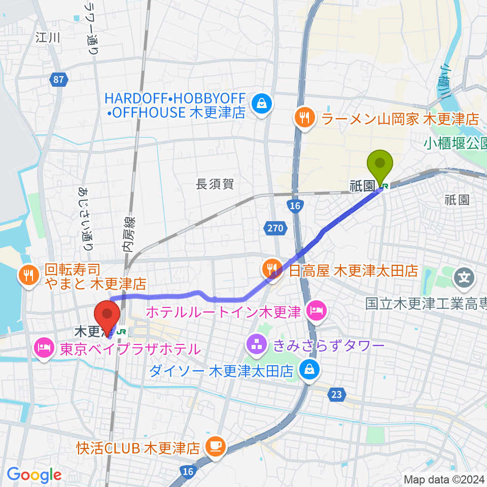 祇園駅からかずさエフエムへのルートマップ地図