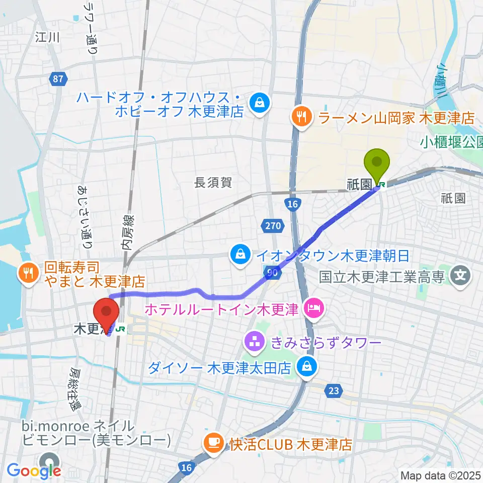 祇園駅からかずさエフエムへのルートマップ地図