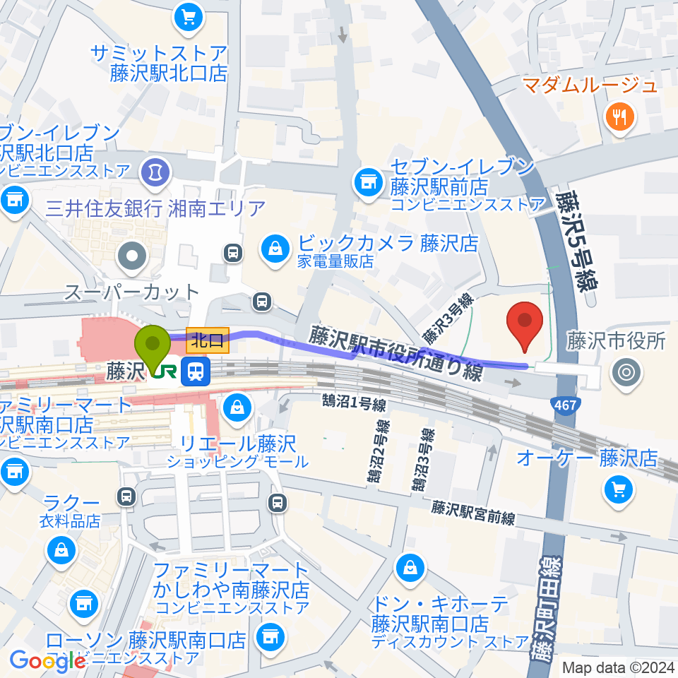 レディオ湘南の最寄駅藤沢駅からの徒歩ルート（約4分）地図