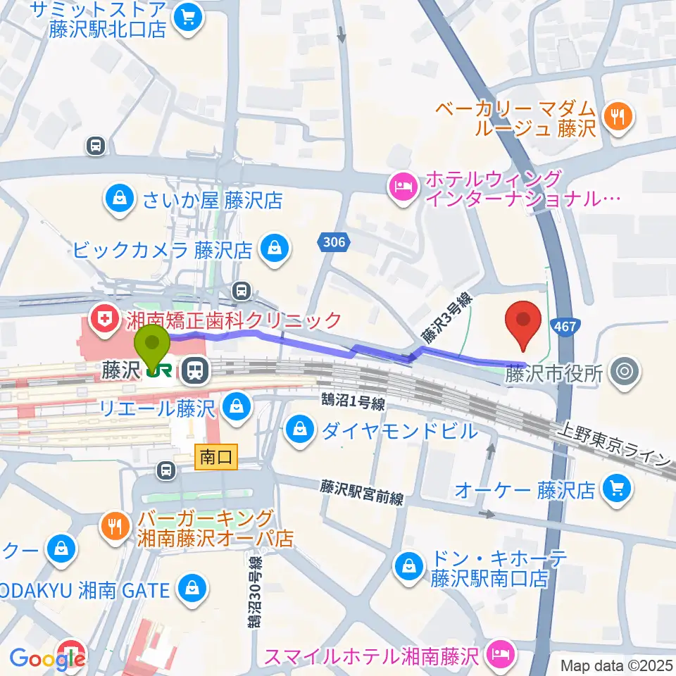 レディオ湘南の最寄駅藤沢駅からの徒歩ルート（約4分）地図