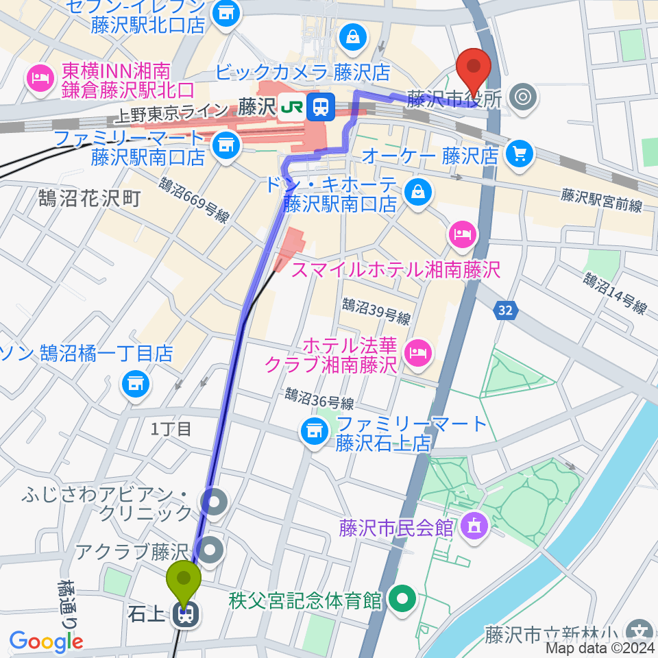 石上駅からレディオ湘南へのルートマップ地図