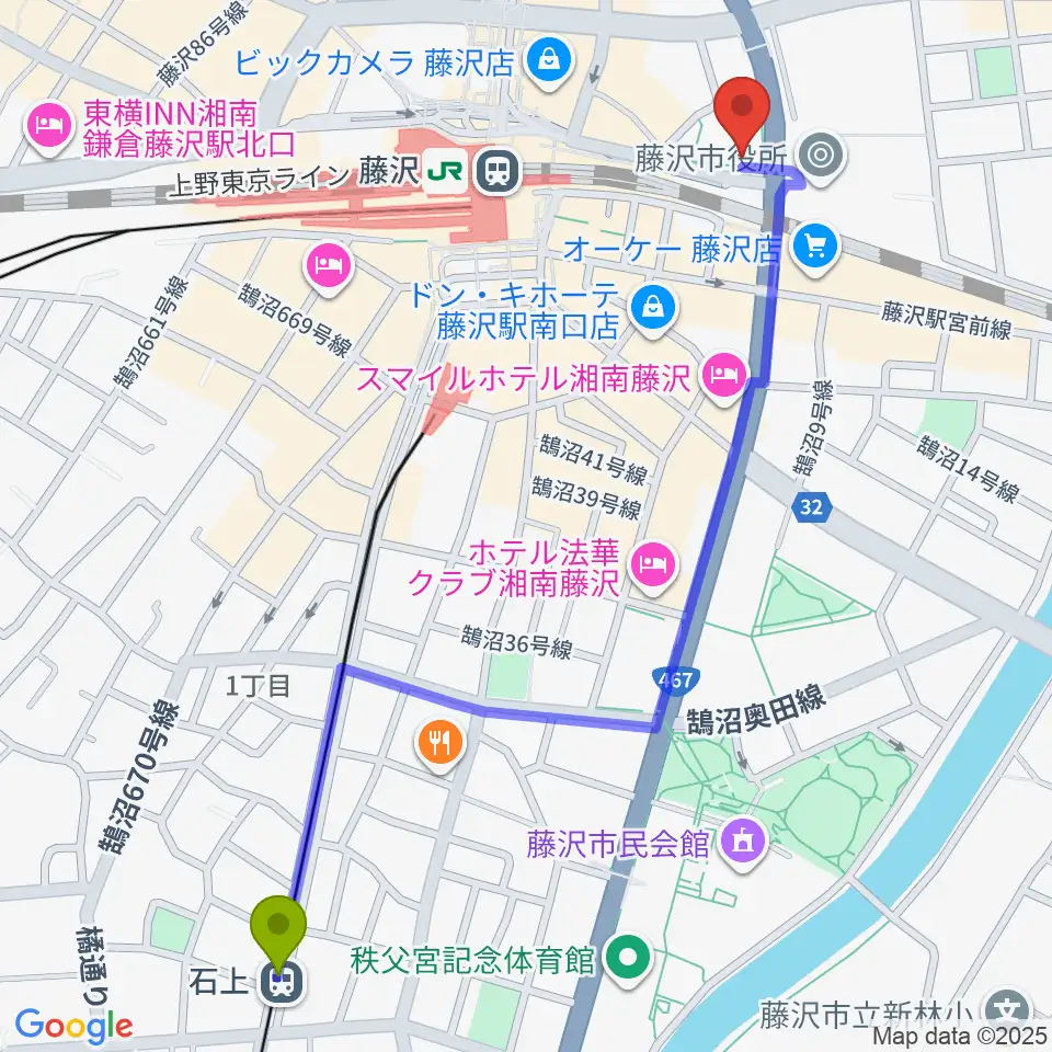 石上駅からレディオ湘南へのルートマップ地図
