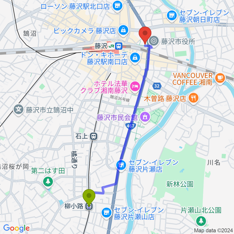 柳小路駅からレディオ湘南へのルートマップ地図