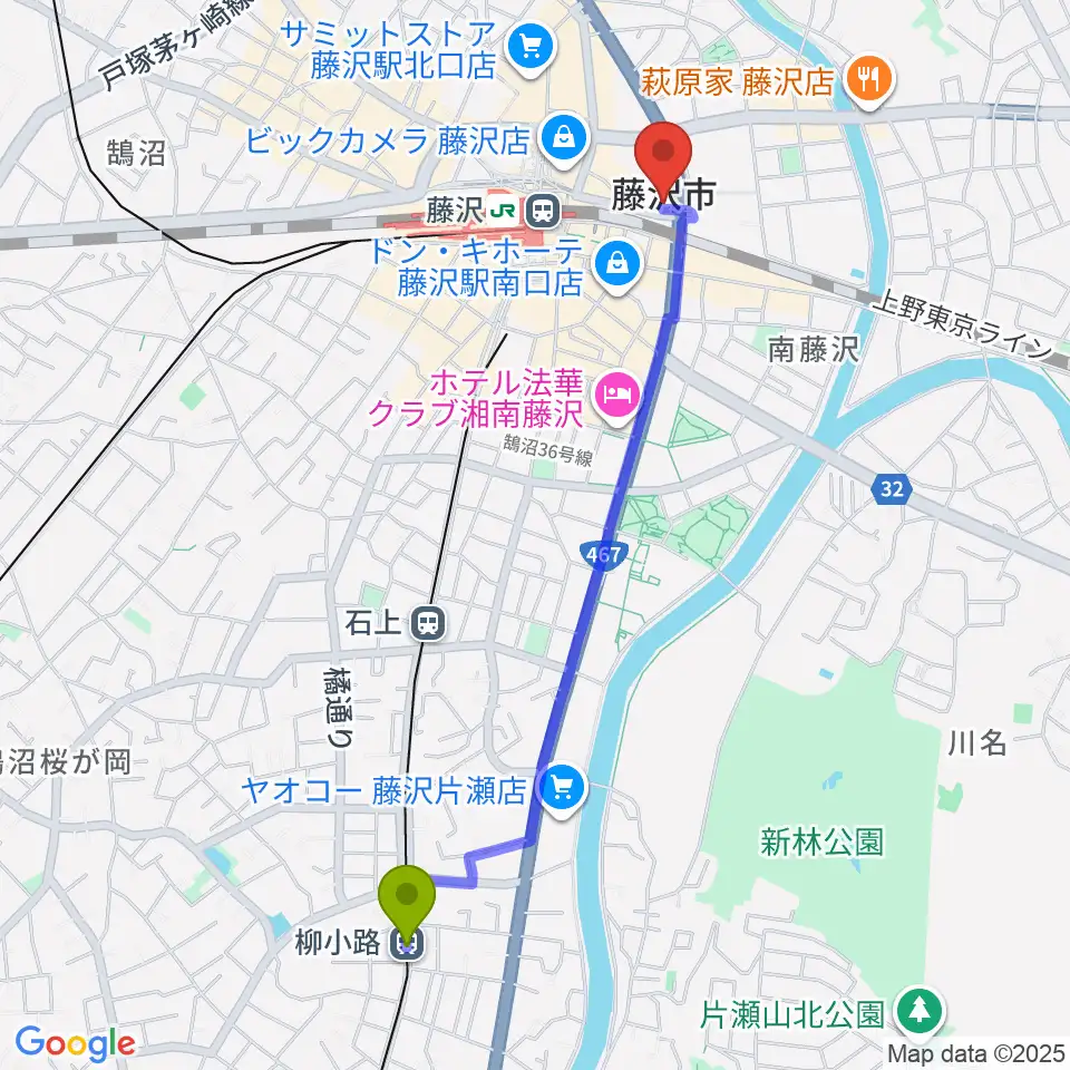 柳小路駅からレディオ湘南へのルートマップ地図