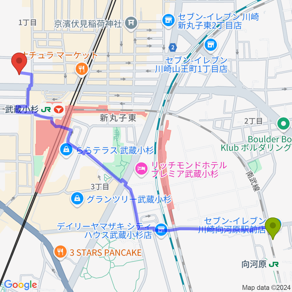 向河原駅からかわさきFMへのルートマップ地図