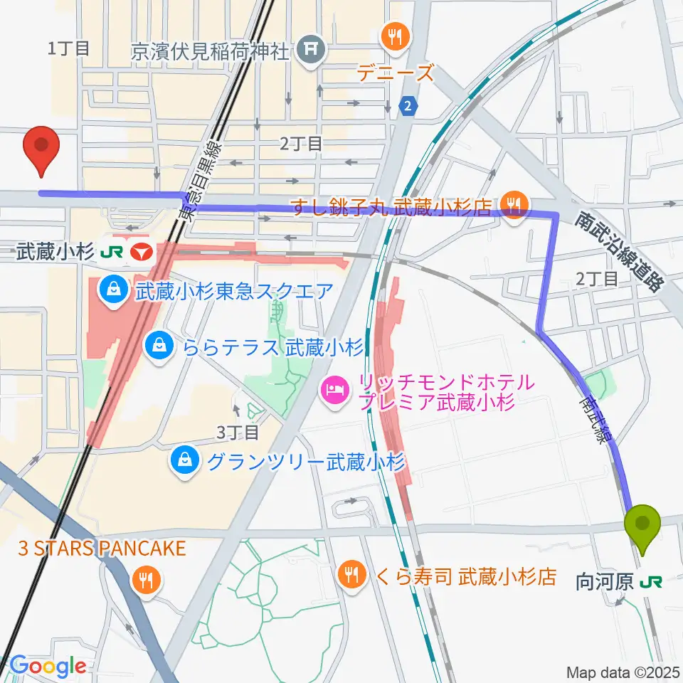 向河原駅からかわさきFMへのルートマップ地図