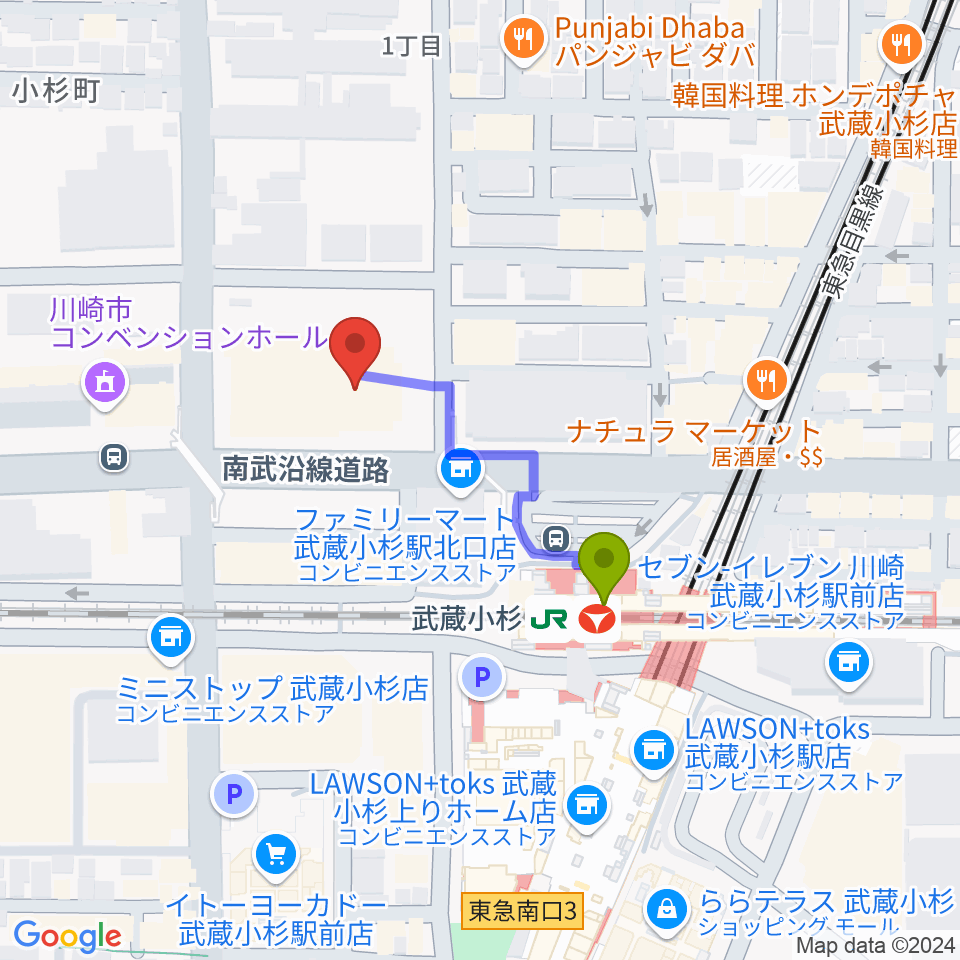 かわさきFMの最寄駅武蔵小杉駅からの徒歩ルート（約3分）地図