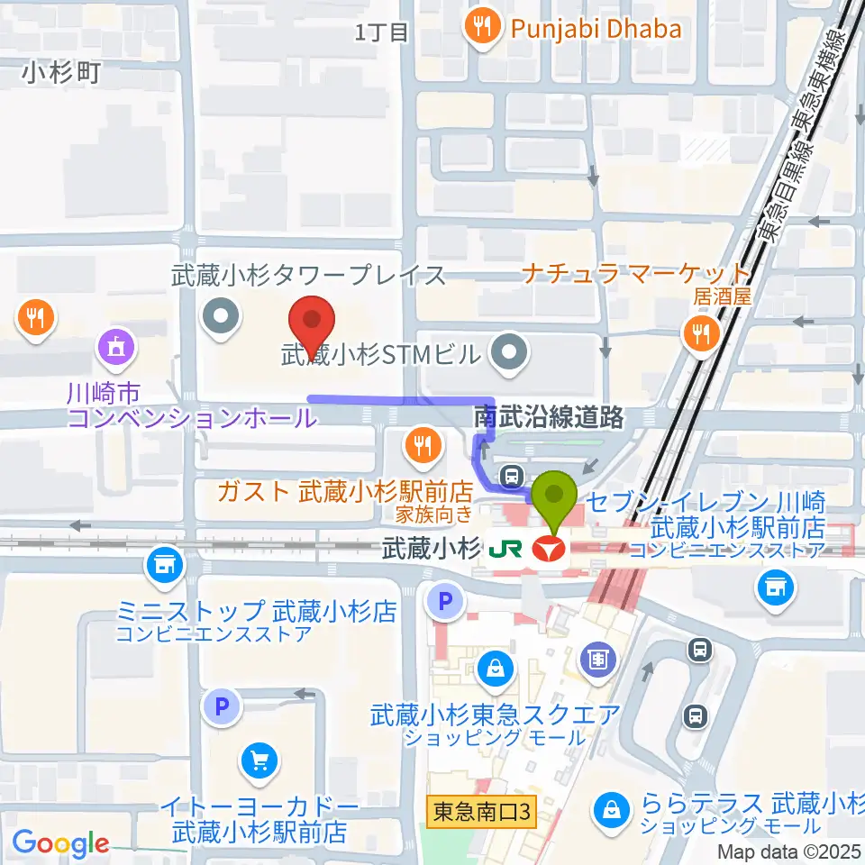 かわさきFMの最寄駅武蔵小杉駅からの徒歩ルート（約3分）地図