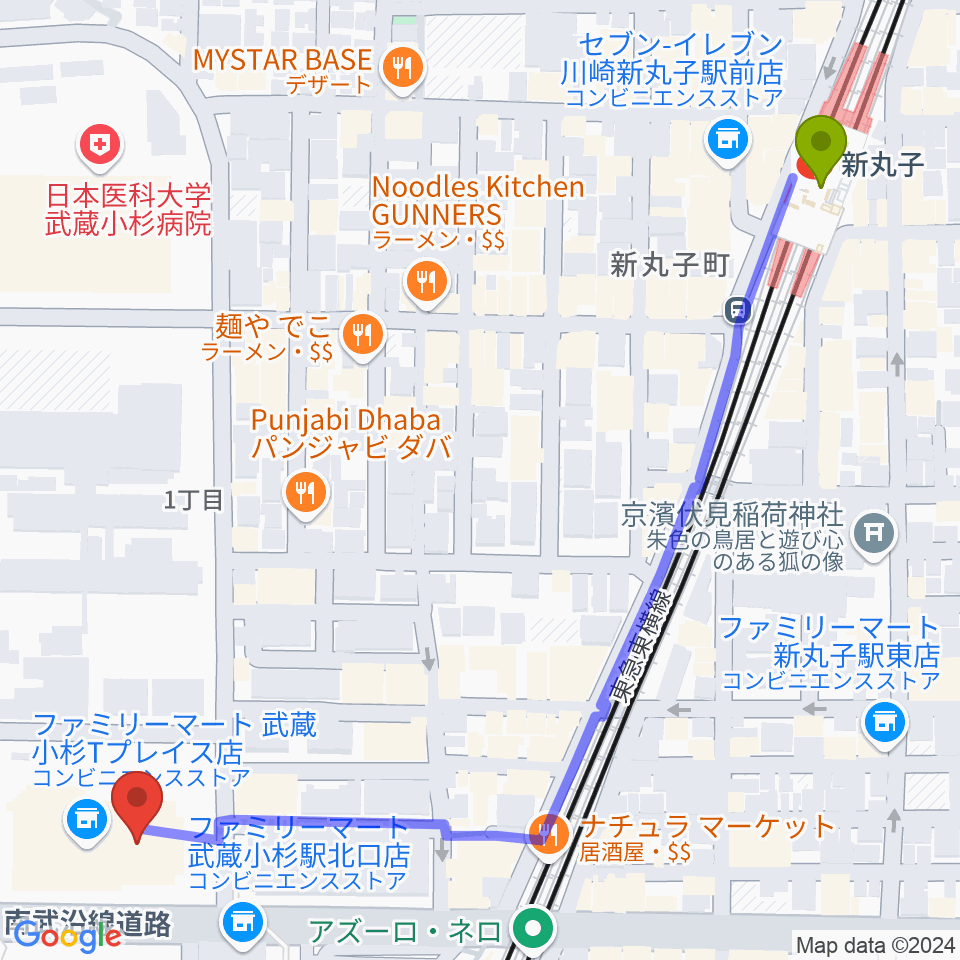 新丸子駅からかわさきFMへのルートマップ地図