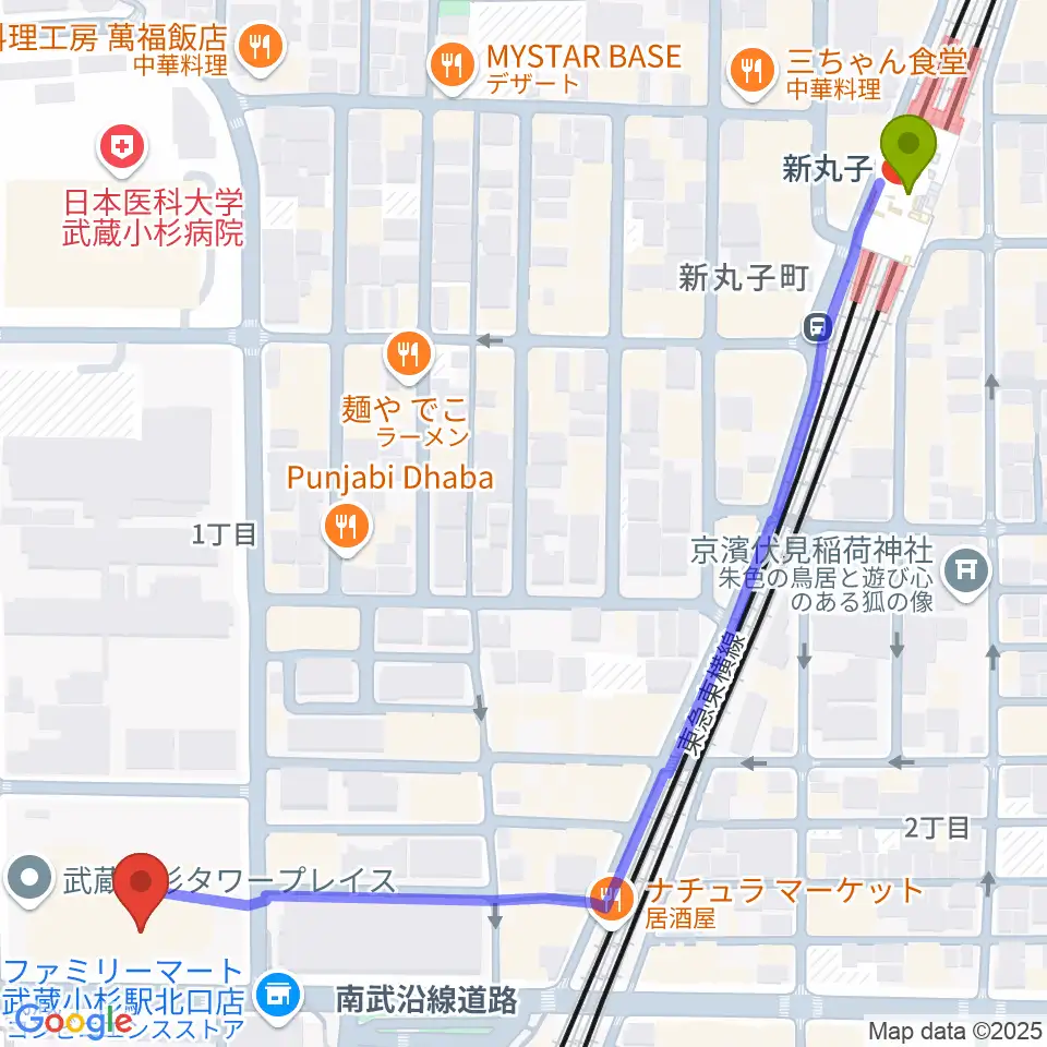 新丸子駅からかわさきFMへのルートマップ地図