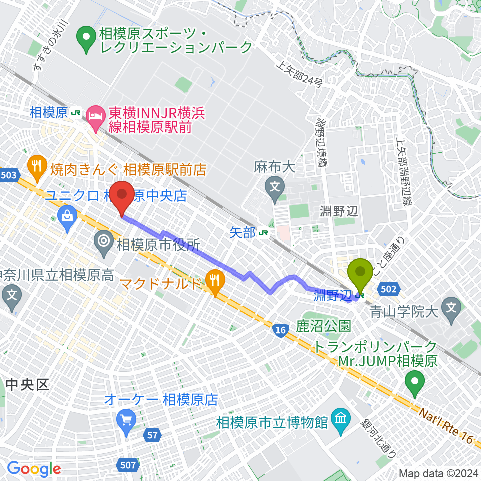 淵野辺駅からエフエムさがみ FM HOT 839へのルートマップ地図