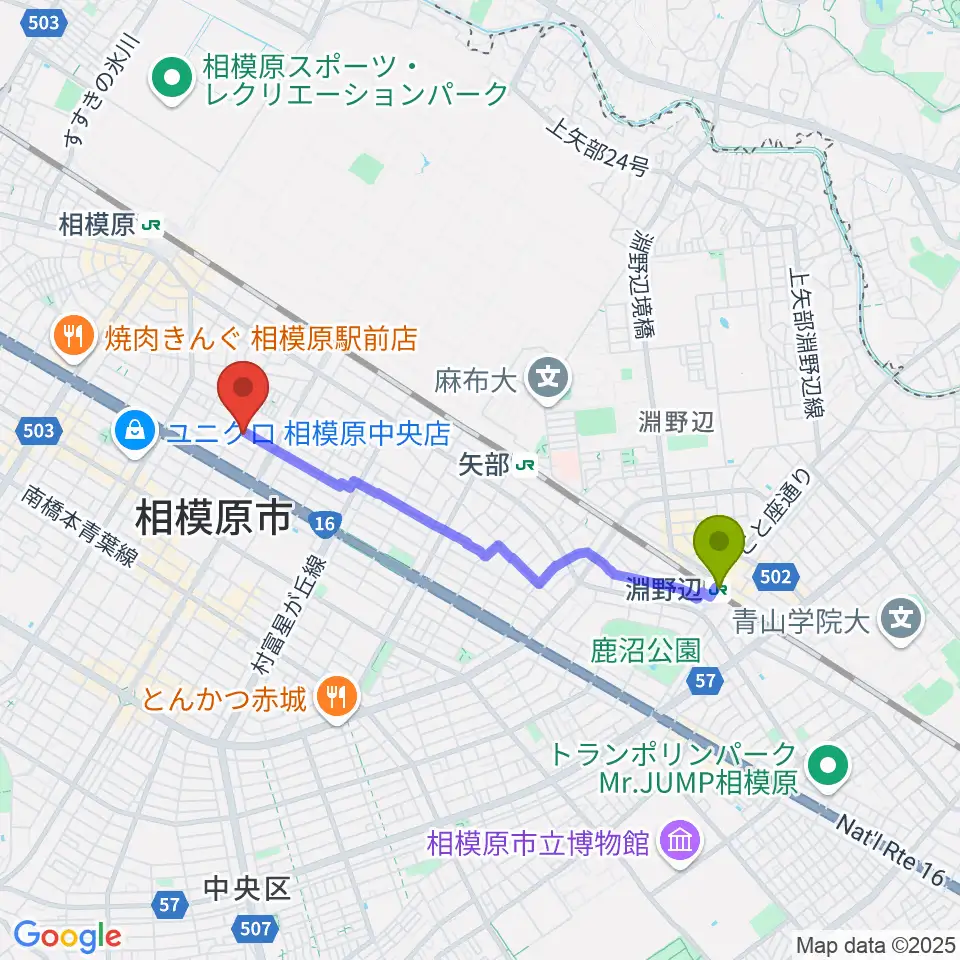 淵野辺駅からエフエムさがみ FM HOT 839へのルートマップ地図