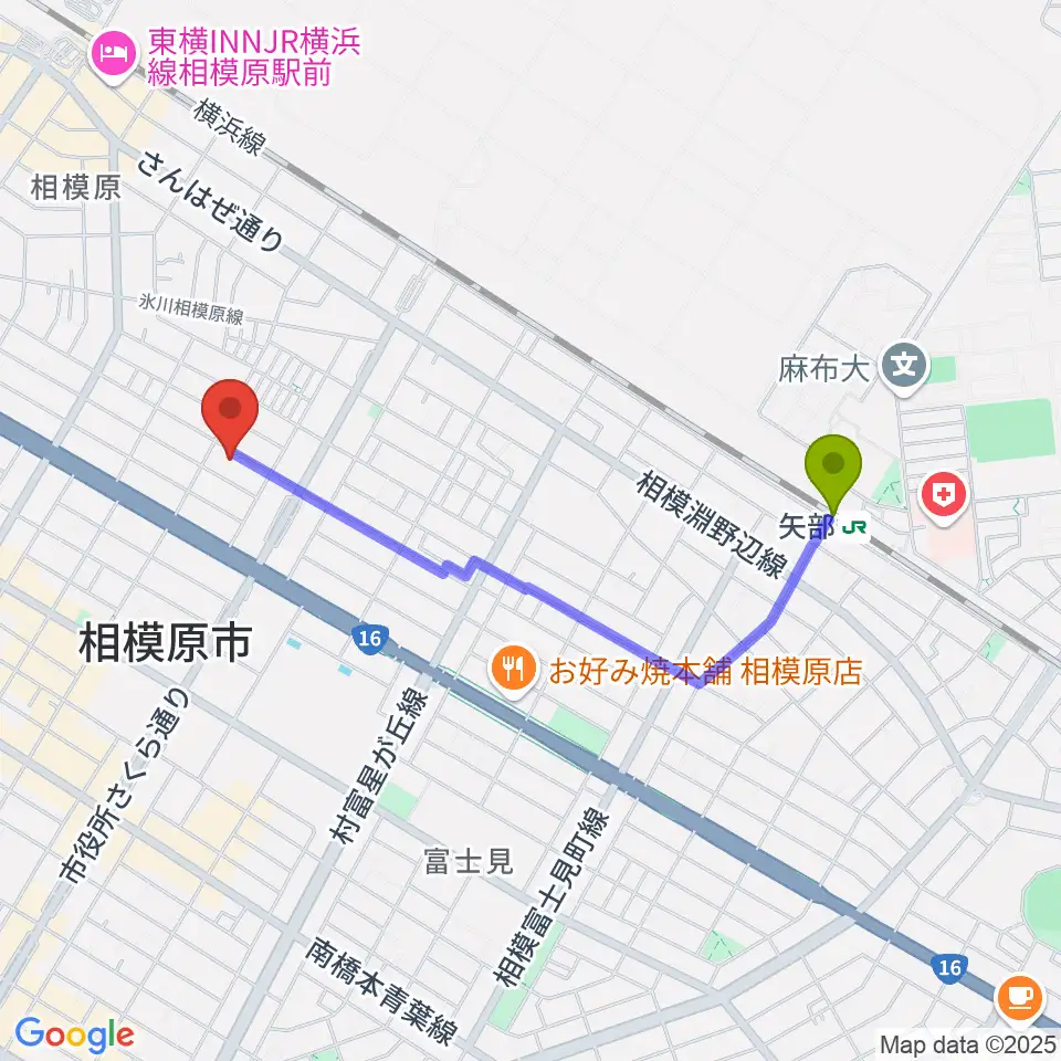矢部駅からエフエムさがみ FM HOT 839へのルートマップ地図