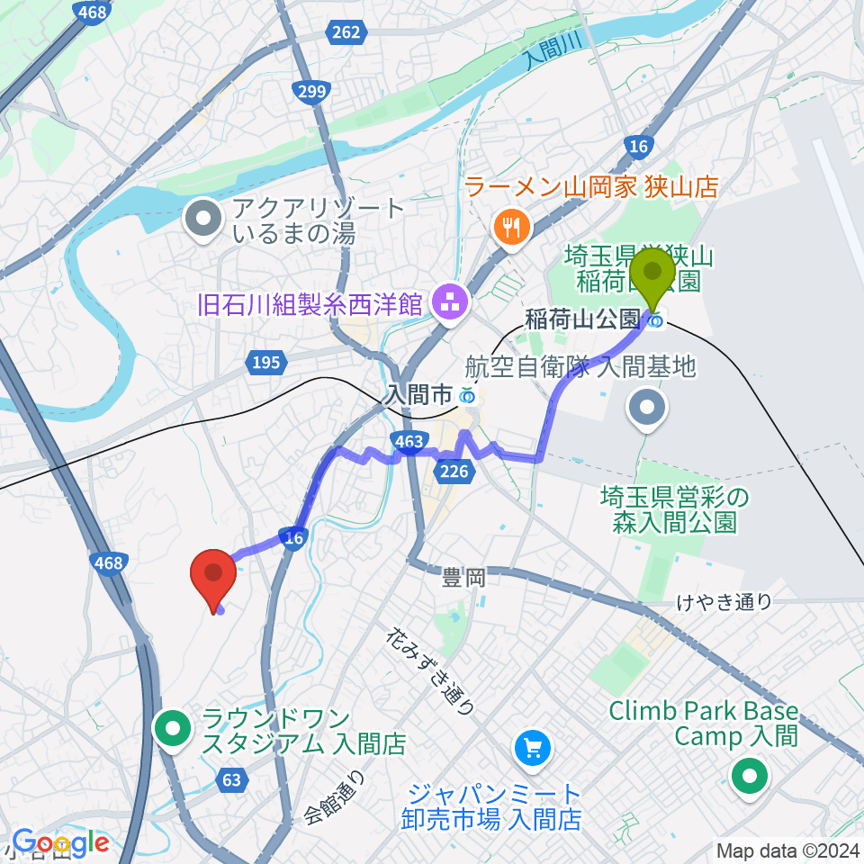 稲荷山公園駅からFMチャッピーへのルートマップ地図