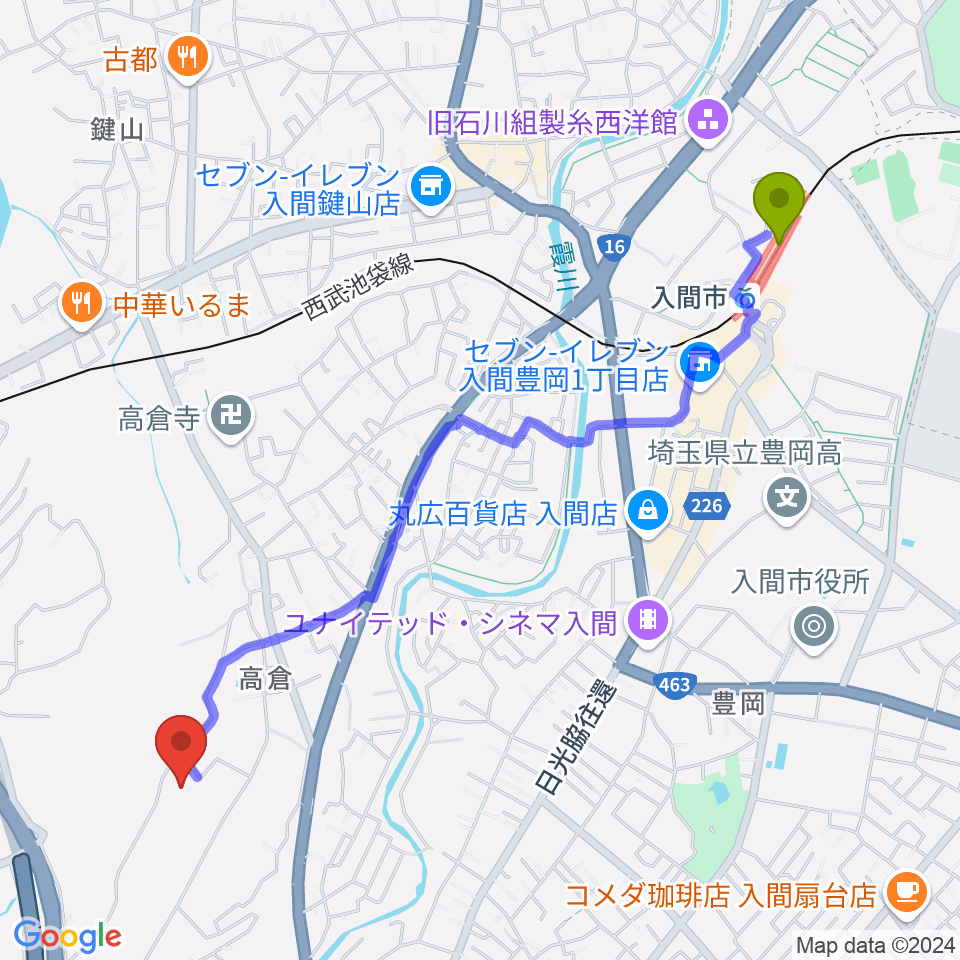 FMチャッピーの最寄駅入間市駅からの徒歩ルート（約26分）地図