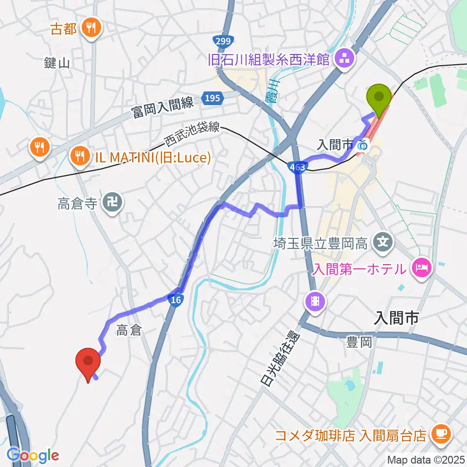 FMチャッピーの最寄駅入間市駅からの徒歩ルート（約26分）地図
