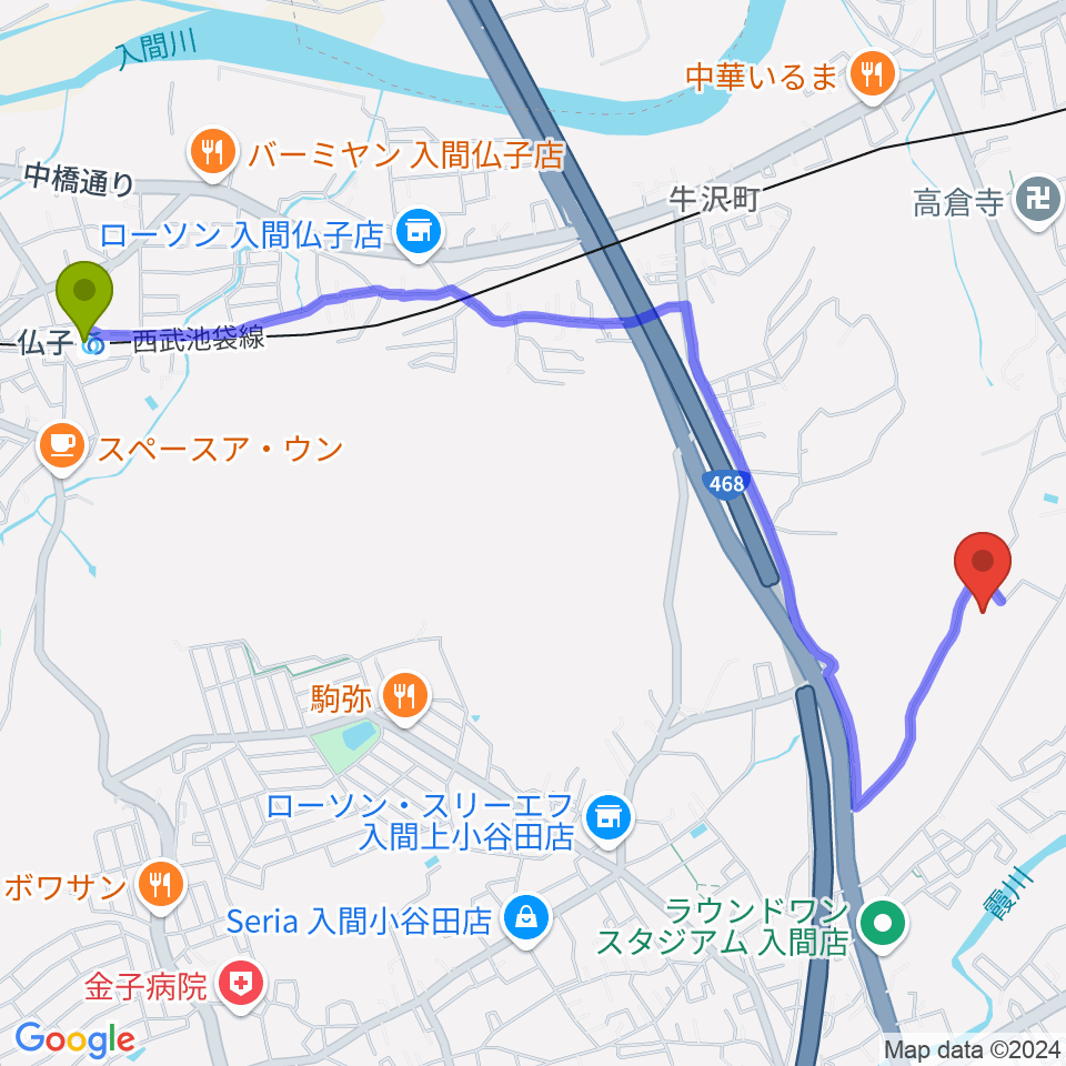 仏子駅からFMチャッピーへのルートマップ地図