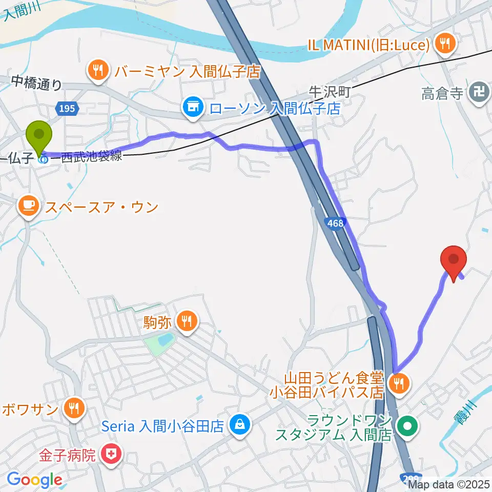 仏子駅からFMチャッピーへのルートマップ地図